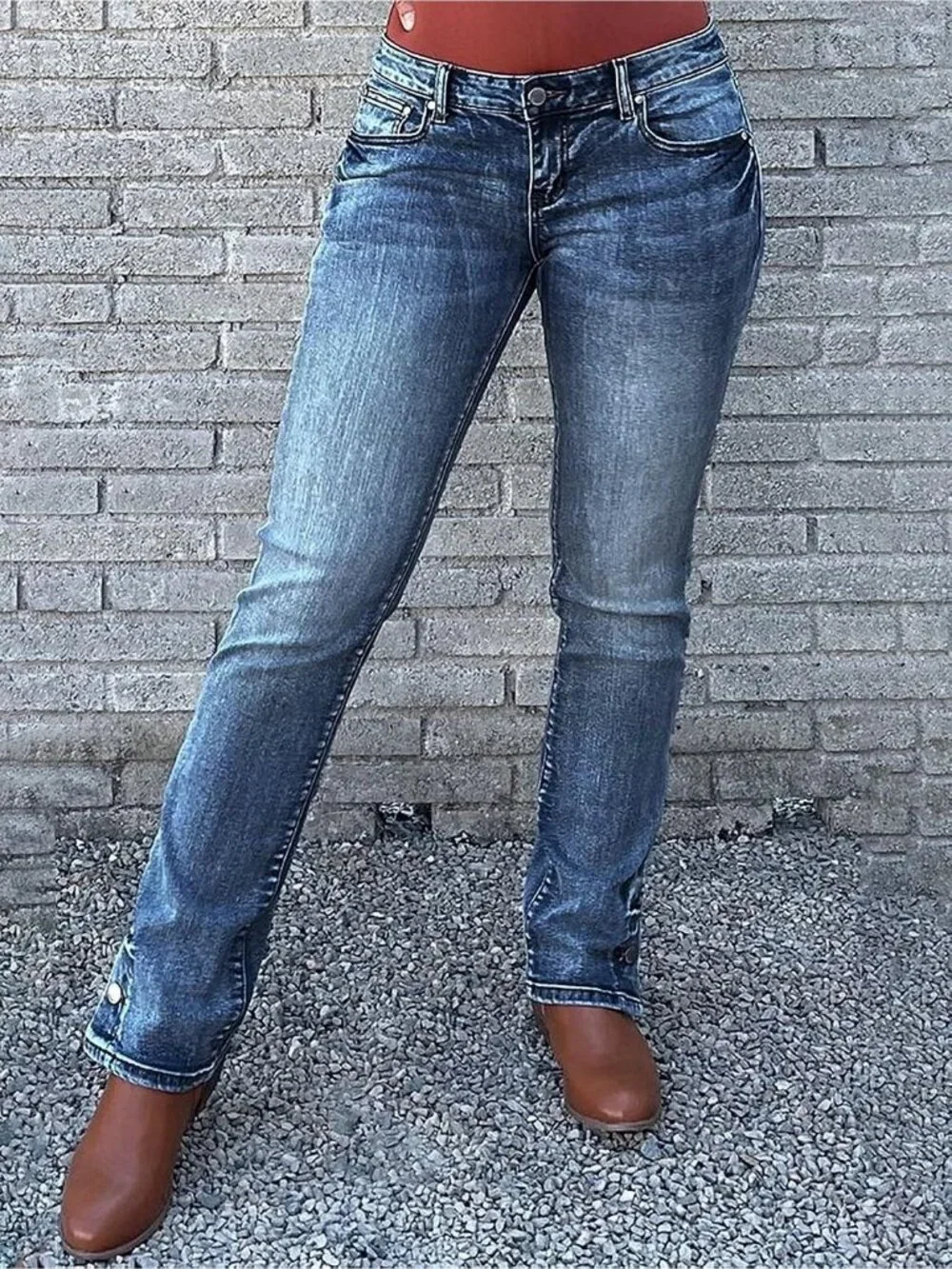 Women's Navy Blue Pull On Mid Rise Flare Leg Zipper Lifting Bootcut Jeans
